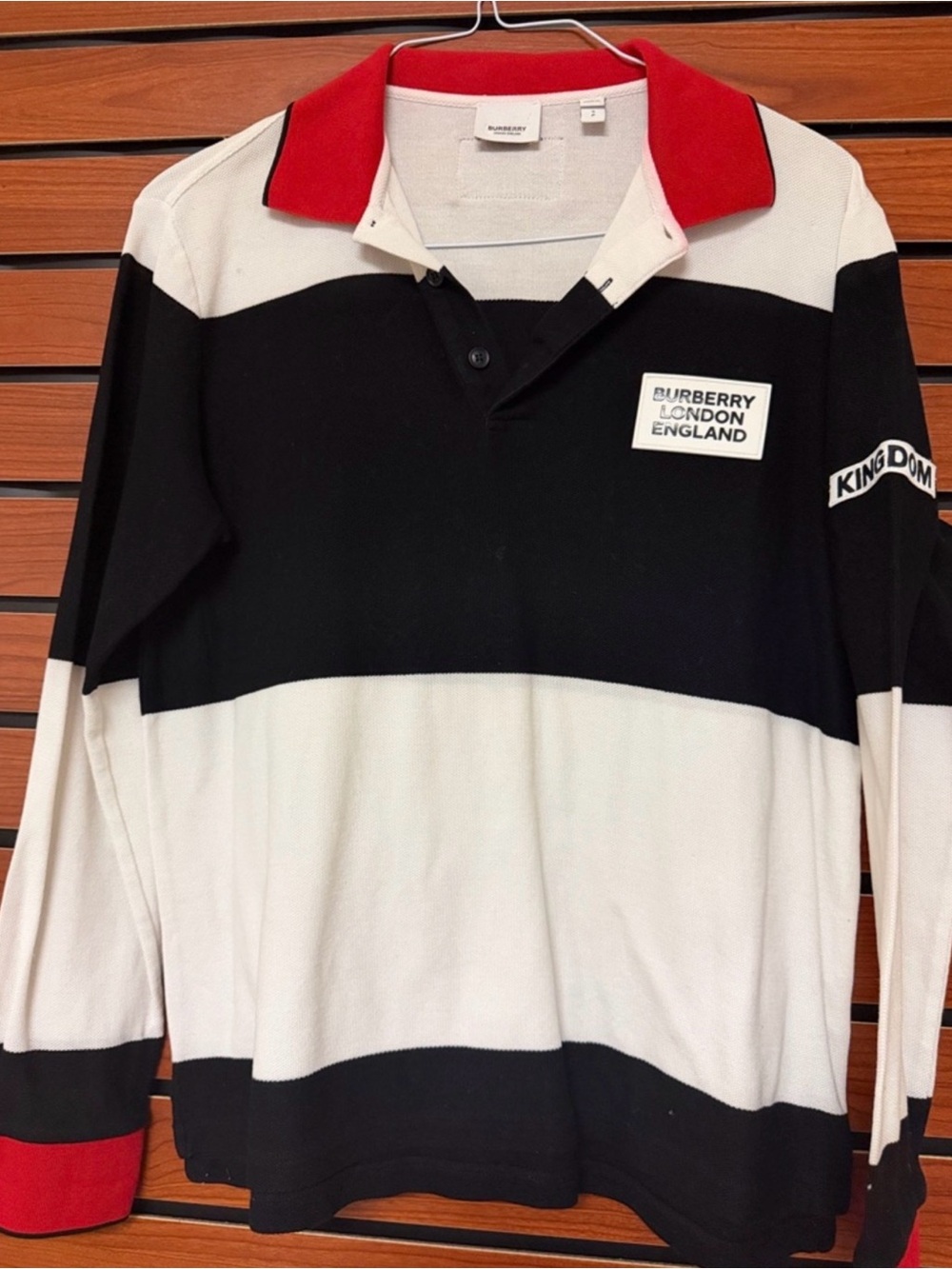 Burberry Striped Rugby Polo — Black, White & Red Collar